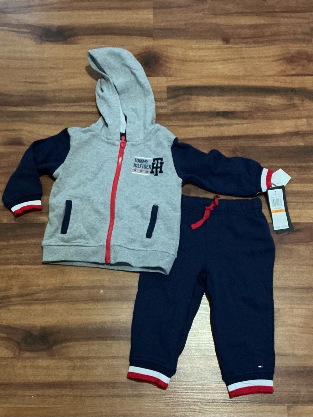 Tommy Hilfiger Gray & Navy Hooded Zip Sweatshirt with Red Trim nwt sz 12 months